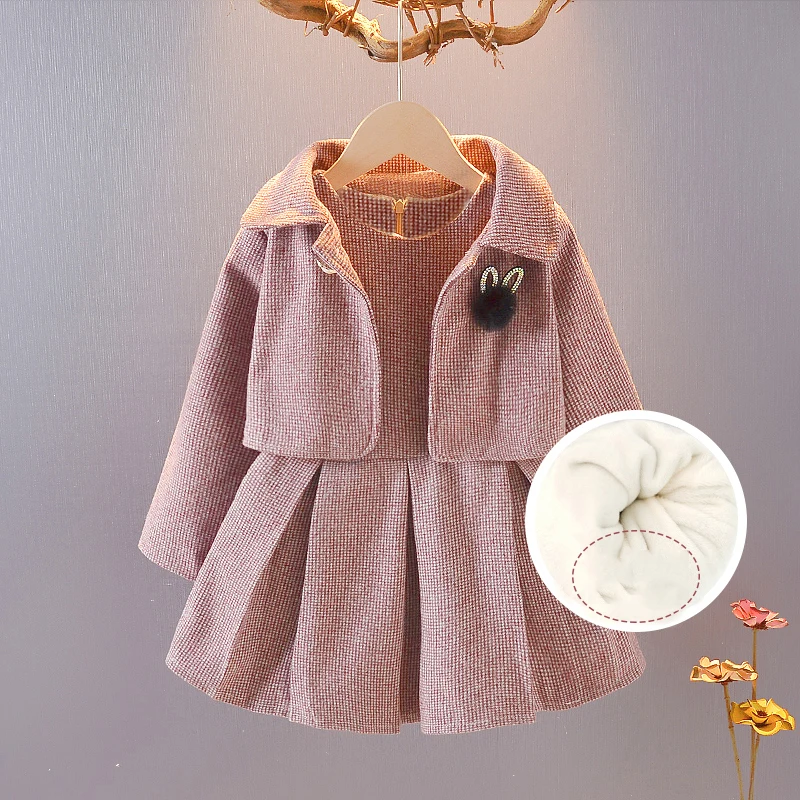fleece red Осенне-зимние модели для девочек; хлопковый костюм из флиса; коллекция года; модные платья для маленьких девочек из сетчатой ткани с узором «гусиные лапки»; платья для девочек - Цвет: fleece red