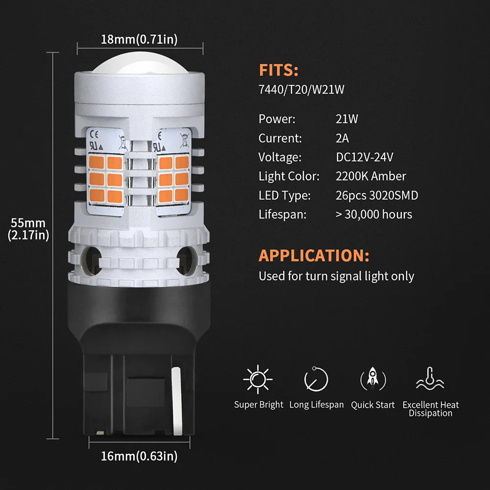 OXILAM-   ÷  ñ׳ , T20 7440 WY21W W21W LED  Canbus 3020 SMD ڵ  2200K ڹ ο 12V, 2 