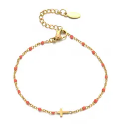 Крестик позолоченный кулон очаровательыне нержавеющие браслеты крошечные бусины цепи браслет для женщин девушек модные вечерние