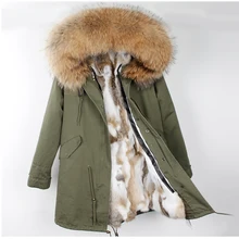 Плотное пальто с натуральным мехом Куртка с капюшоном и большим воротником из меха енота Съемная подкладка из кроличьего меха зимняя парка модная женская одежда