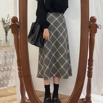 

New arrive Autumn Women Long Plaid Skirts Vintage High Waist Female A- Line Midi Skirts Checked Faldas largas mujer moda clothes