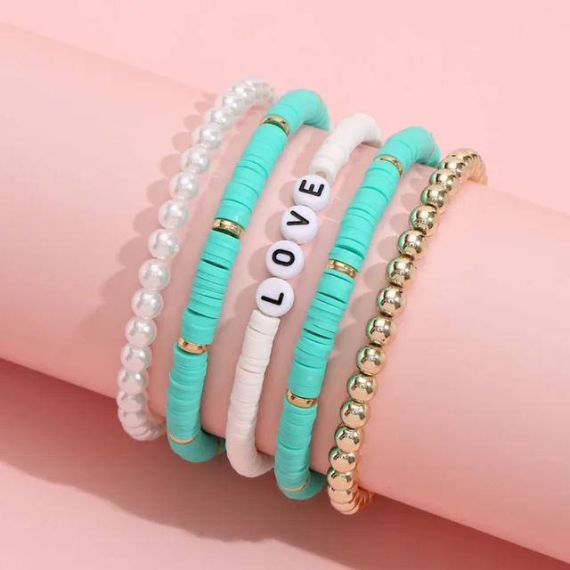 5Pcs/Set Lover Elastic Bracelet Letter Print Polymer Clay Beads Bracelet  Summer Beach Bohemian Layering – the best products in the Joom Geek online  store