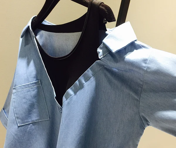 Прямые продажи женские топы Blusas новая рубашка женские вязанные Лоскутные рабочие карманы длинные джинсовые блузки женские тонкие джинсы