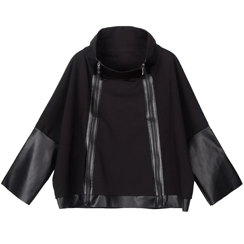 TVVOVVIN Women Black Batwing Sleeve Zip-up Sweatshirt Autumn Women Pu Patchwork Handsome Sweatshirt Plus Size D335
