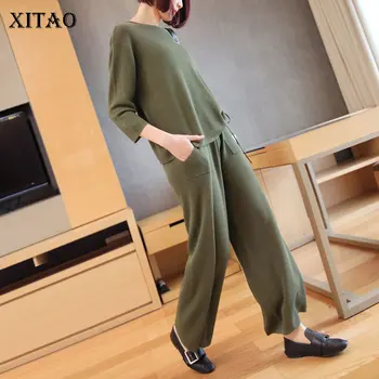 

XITAO Two Piece Set Pleated Pullover Full Sleeve Loose Top Elastic Waist Full Length Pants 2020 Spring Summer Casual DMY4044