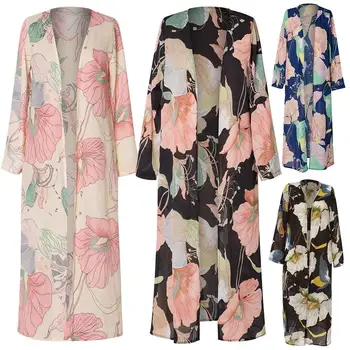 

Women Floral Print Long Sleeve Chiffon Maxi Cardigan Kimono Coat Beach Cover Up Long Style Open Front Size S-2XL Women's Coat