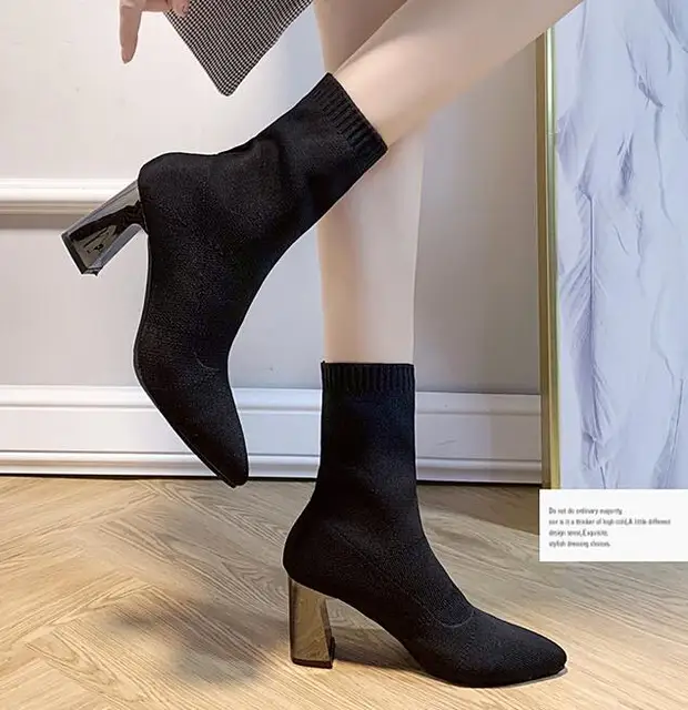Metal Chunky Heels Fly Woven Socks Boots Sexy Pointed Toe Slim Black  Stretch Fabric Riding Botines Ol Dress Work Botas Footwear - Women's Boots  - AliExpress