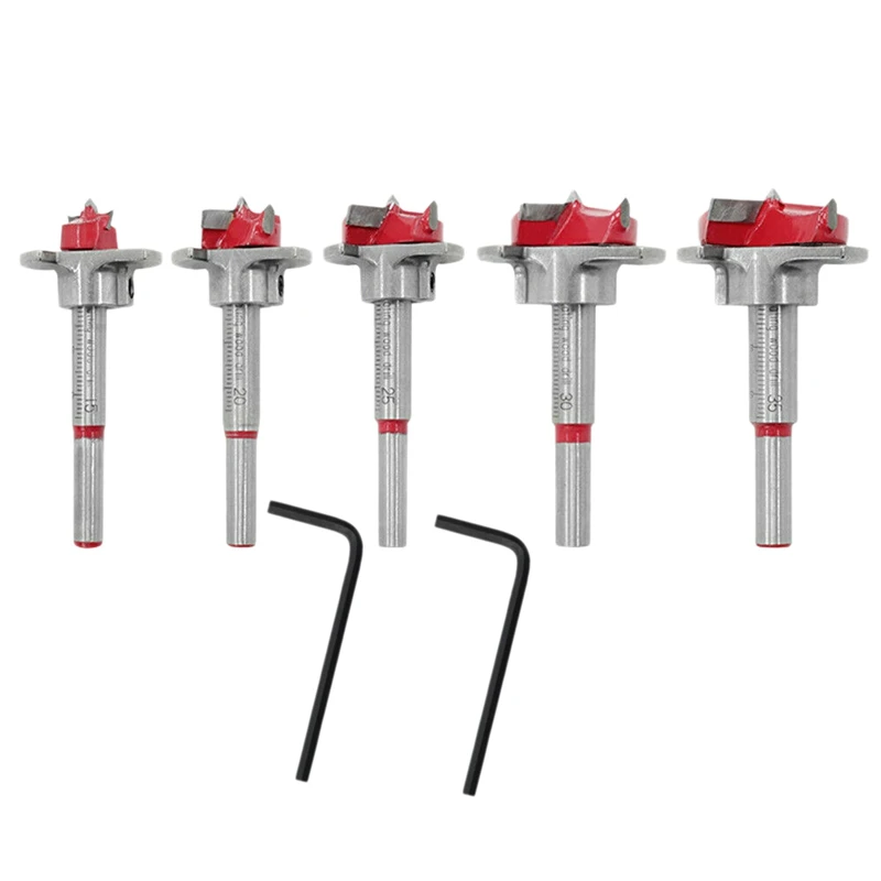 5Pcs 15-35Mm Auger Drill Bit Wood Cutter Hex Wrench Woodworking Hole Opener Saw Woodwork Core Milling Cutter Hinge Hand Tools