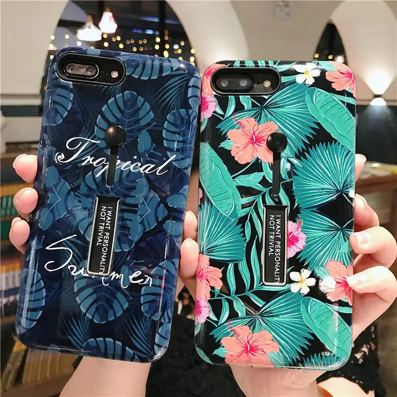 

3D Relief Summer Tropical Leaves Flower Loop Ring Case for iPhone 11 Pro XS Max X XR 6 6S 7 8 Plus Hide Ring Holder Stand Cover