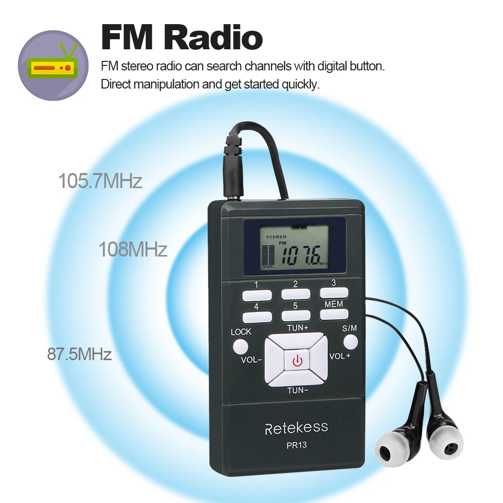 

Retekess PR13 Radio Receiver FM Stereo Radio Digital Signal Processing DSP LCD Display mini Radio with In-ear Headphones Lanyard