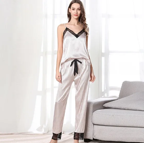 

New Fashion 2 Piece Woman Pajamas Set Sling Stain Long Pants Silk Sexy Sleepwear Woman Pink Top Strap Sling Summer lingerie