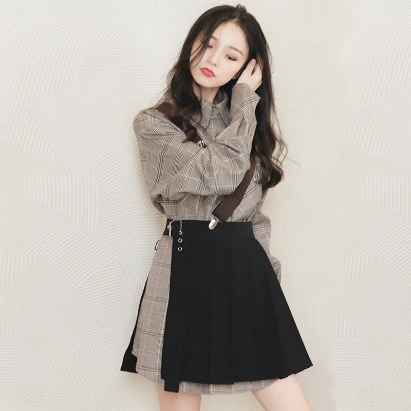 

Autumn WOMEN'S Suit 2019 New Style Fashion Suspender Strap Shirt Pleated Skirt Western Style Two-Piece Set