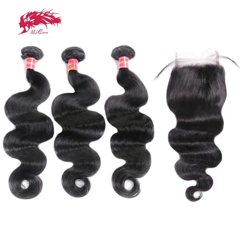 

Ali Queen Brazilian Unprocessed Virgin Hair Body Wave 3 Human Hair Bundles With 4x4 Swiss Lace Closure Free Part Natural Color