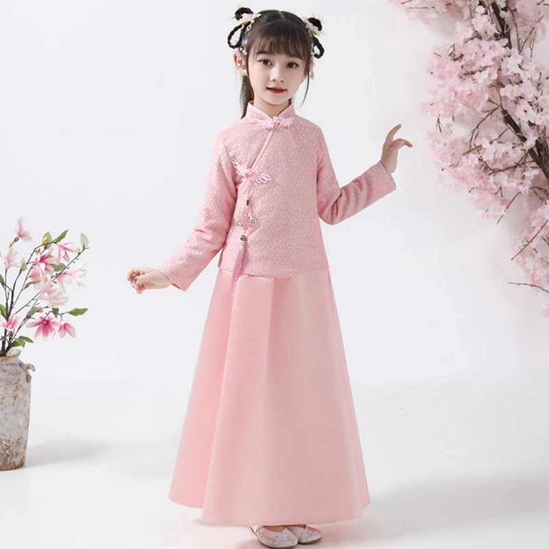 Hanfu/осенне-зимние модели для девочек; костюм в китайском стиле со стоячим воротником и длинными рукавами; утепленная элегантная одежда для девочек на год - Цвет: picture color