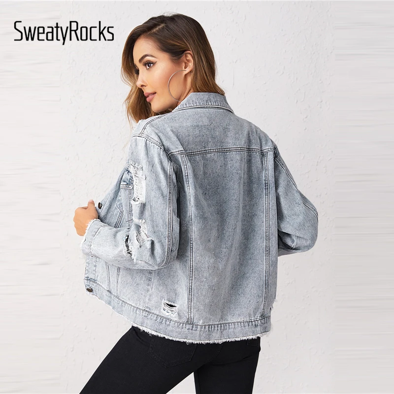 SweatyRocks синяя рваная деталь потертая край джинсовая куртка уличная Женская Кнопка лицевая сторона куртки Осенние повседневные пальто и куртки