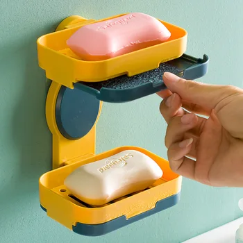 

YIGUISI TikTok Bathroom Double Layers Soap Box Holder Rack Strong Suction Cup Type Soap Basket Tray Organizer