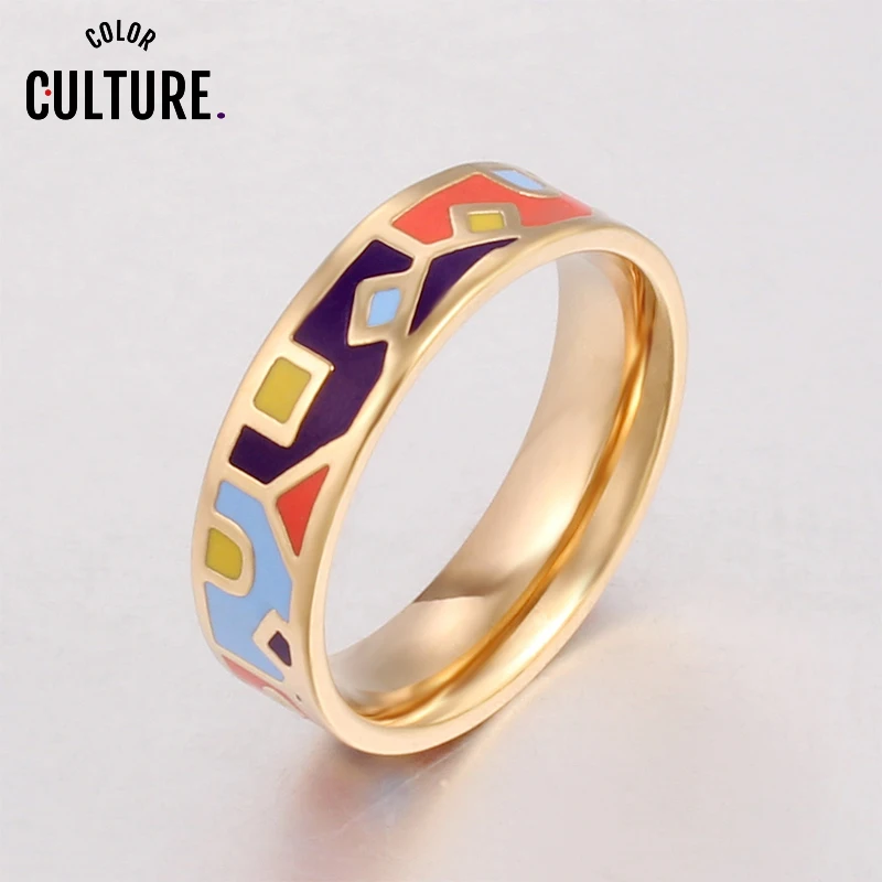 Новые модные кольца из нержавеющей стали для женщин геометрические узоры и красочные эмалевые кольца стиль искусство и дизайн