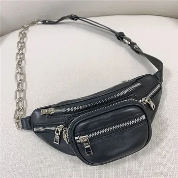 

Sheepskin Waist Bag Female Tide Lady Black Chest Crossbody Bag Chain Genuine Leather Shoulder Bag Mini Belt Bag Women Fanny Pack