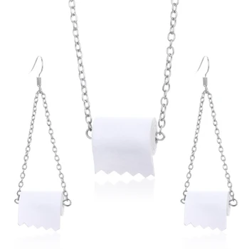 

Creative Toilet Paper Shape Hook Dangle Earring Pendant Necklace Alloy White Chain Jewelry Sets For Women