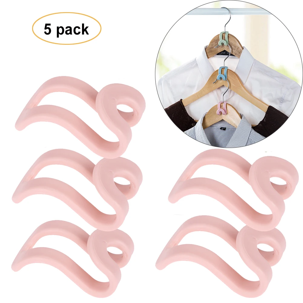 Pink 5 Pcs Mini Clothes Hanger Creative Plastic Home Easy Hook Closet Organizer Storage Rack Holder Hook DIY Hanger For Clothes - Color: Pink