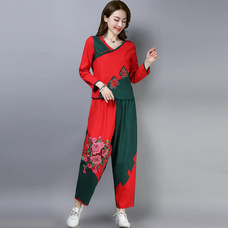

2019 New Style Ethnic-Style WOMEN'S Dress Cotton Linen Long Sleeve Flower Stickers Joint Set