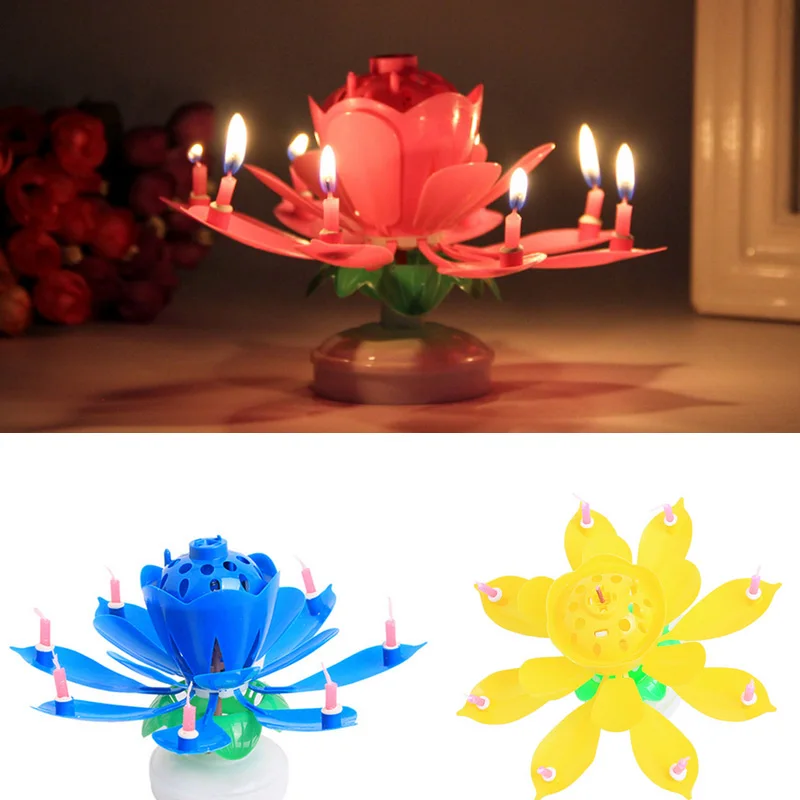 Cake-Decoration Candle Lotus-Flower Birthday-Gift Rotating for Children DIY Party 8/14pcs