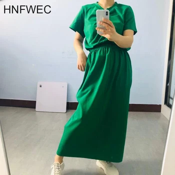 

Women Fashion Spring Summer 2020 Half-body Skirt Drawstring Two Pieces Suit Round Neck Short Sleeve Black Loose T551