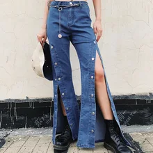 Высокие уличные расклешенные джинсы с разрезом ноги с пуговицами женские брюки-клеш с высокой талией классические синие женские расклешённые джинсовые брюки