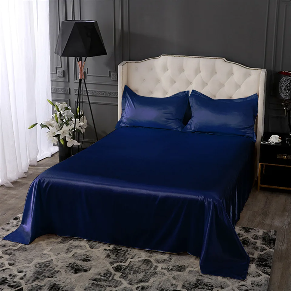 Parkshin Wholesale Blue Luxury Silk Flat Sheet Silky Pillowcase Queen King Bed Sheet Healthy Bed Linen Set For Christmas