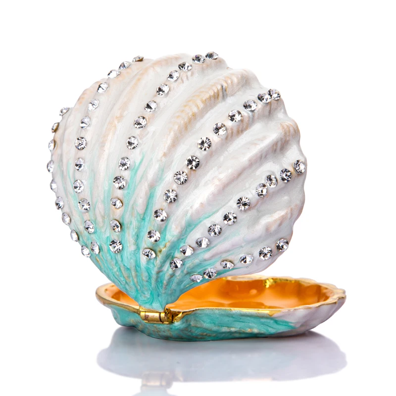 

H&D Mini Enamel Seashell Hinged Jewelry Trinket Box Bejeweled Ring Box Collectible Figurine for Proposal,Gift and Home Decor