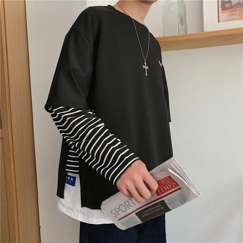 

Spring and Autumn Long-sleeved T-shirt Male Port Fashion Brand Korean Version Ins Stitching Loose Student Fake Two Striped Tops
