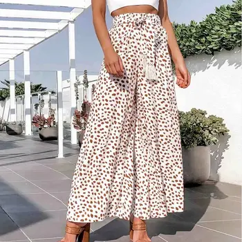 

Boho Striped Lady Tassel Sash Wide Leg Split Pants Women 2020 Spring Summer Beach High Waist Trousers Chic Casual Pants Female