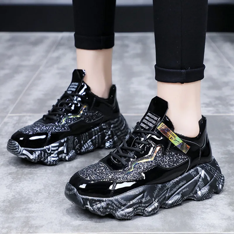 

Women Casual Black Shoes Winter Fashion Sequined Bling Lace-up Plush Warm Platform Shoes Woman Sneakers Ladies Trainers Femme
