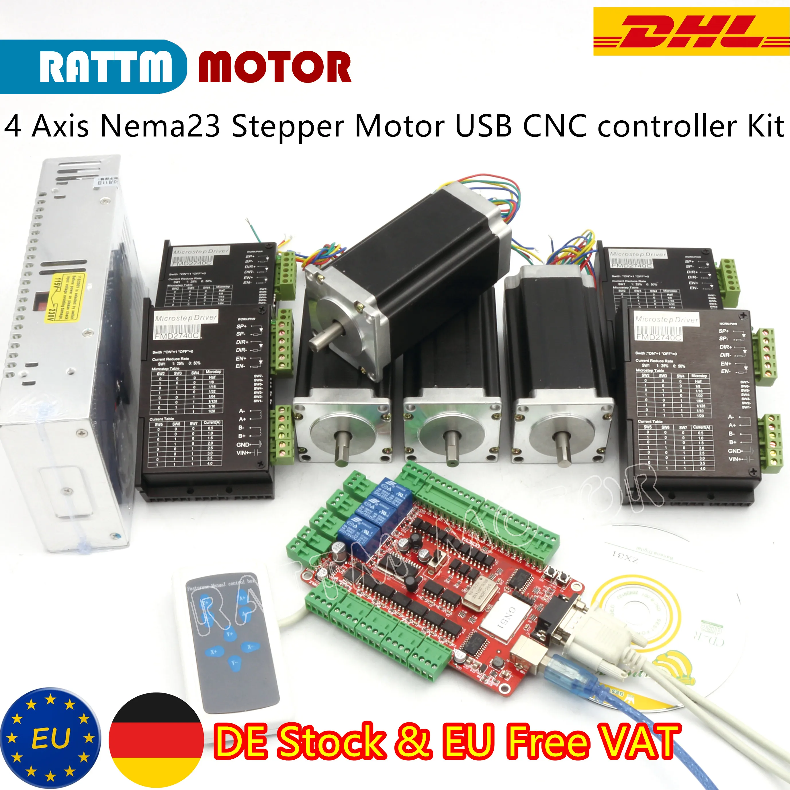 [EU Free VAT】 4-осевой USB-драйвер Nema 23 шаговый двигатель с двумя валами 425oz-in 3A и драйвер
