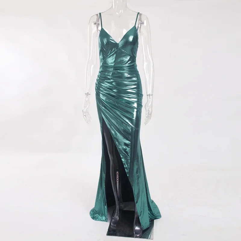 Сексуальное Плиссированное Платье макси с глубоким v-образным вырезом, без рукавов, с разрезом, выдалбливают Длинные блестящие вечерние платья, облегающее платье длиной в Пол, бордовое, зеленое - Цвет: Green