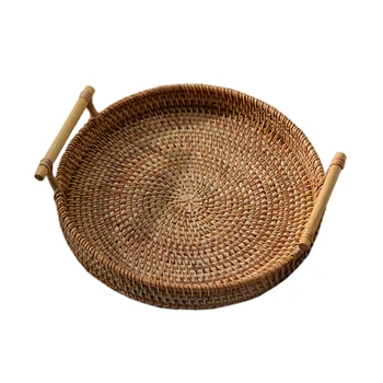 

Rattan Storage Tray Hand Woven Snack Round Wicker Basket With Handle Fruit Bread Food Breakfast Storage Platters Plate Kitchen