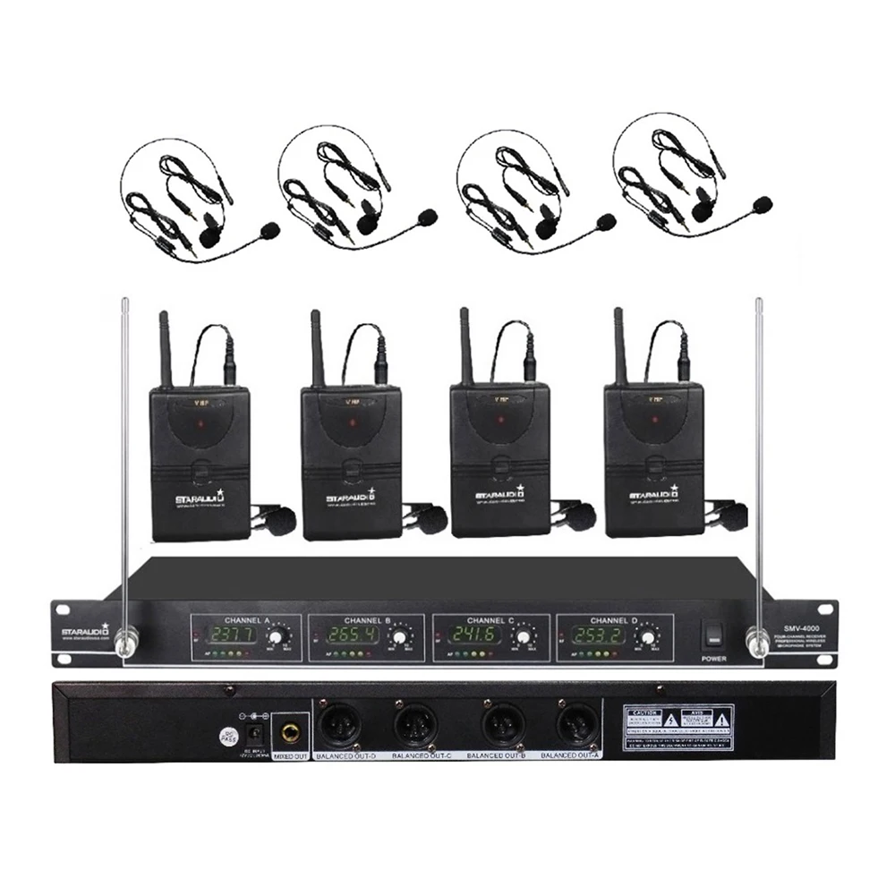 STARAUDIO Профессиональный 4 канала VHF петличный лацкане гарнитура беспроводной микрофон системы 4CH сцены KTV церковные вечерние Mic SMV-4000B