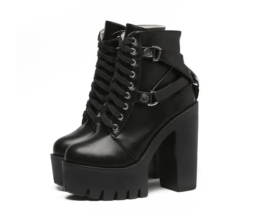 

STAN SHARK Fashion Black Boots Women Heel Spring Autumn Lace-up Soft Leather Platform Shoes Woman Party Ankle Boots High Heels