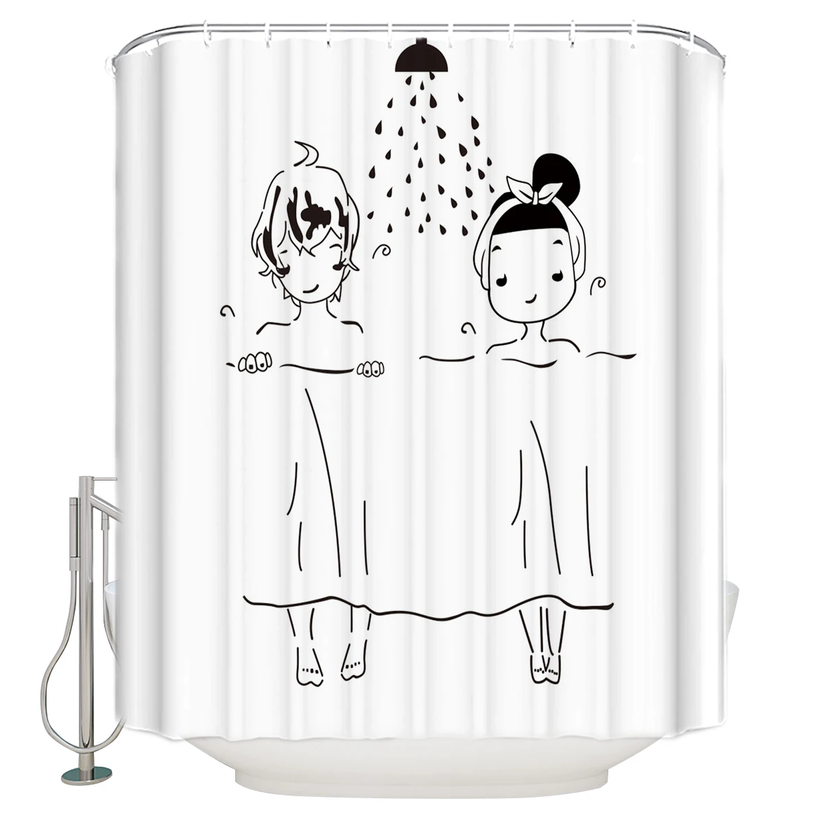 Cute Lovers Couple Shower Curtains Cartoon Male Female Bath Curtain White Black Waterproof Polyester Bathroom Decor With Hooks Shower Curtains Aliexpress