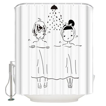 

Cute Lovers Couple Shower Curtains Cartoon Male Female Bath Curtain White Black Waterproof Polyester Bathroom Decor with Hooks