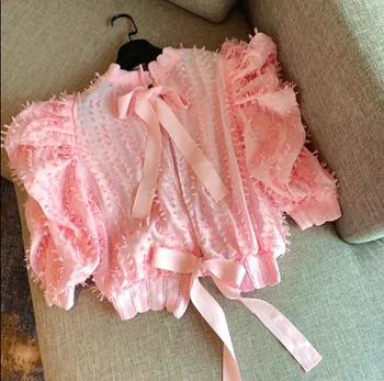 

Summer Cropped Blouse for Women Girl's Fairy Puff Sleeve Handmade Chiffon Cut Flower Sexy Slim-Fit Short Chiffon Shirt Blusas