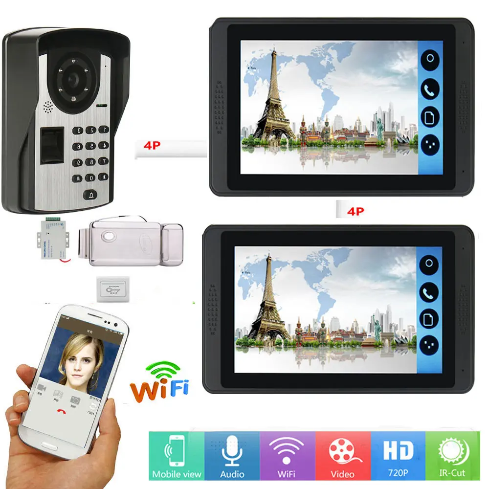 Wired wifi Home 7'' Color Video Intercom fingerprint Camera with 2 Monitor Video Door Phone for Apartments with Metal Electric L