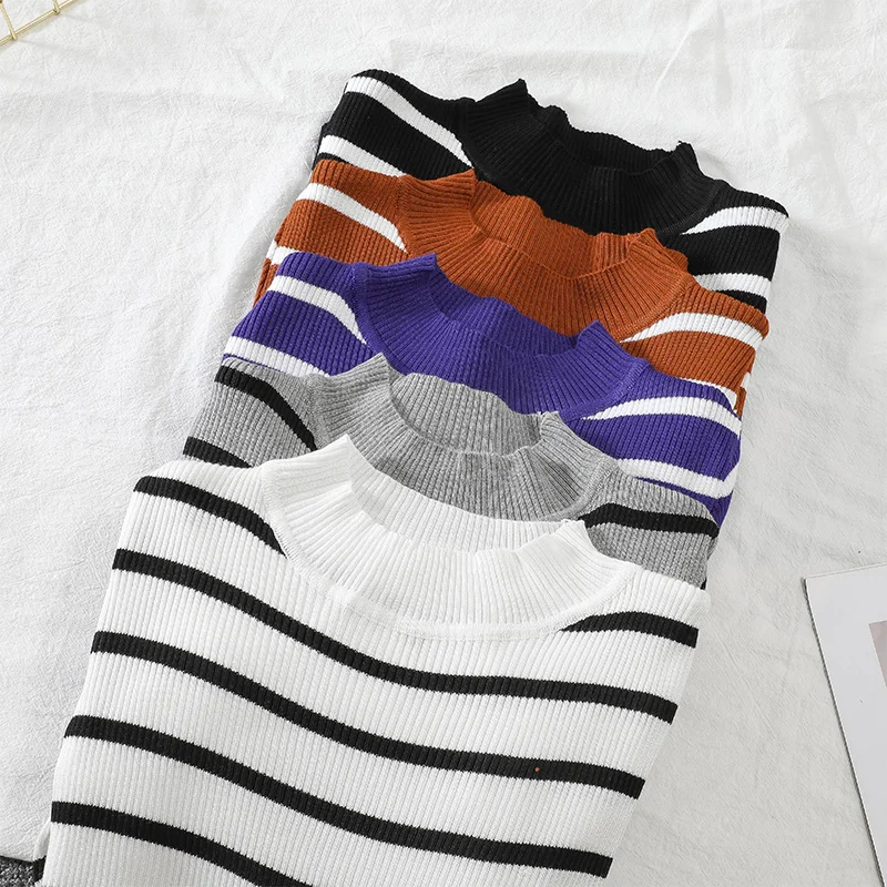 

Women Knitted Turtleneck Full Sleeve Striped Sweaters Pullovers Female Basic Stripes Sweaters Tops Girls Autumn Clothing
