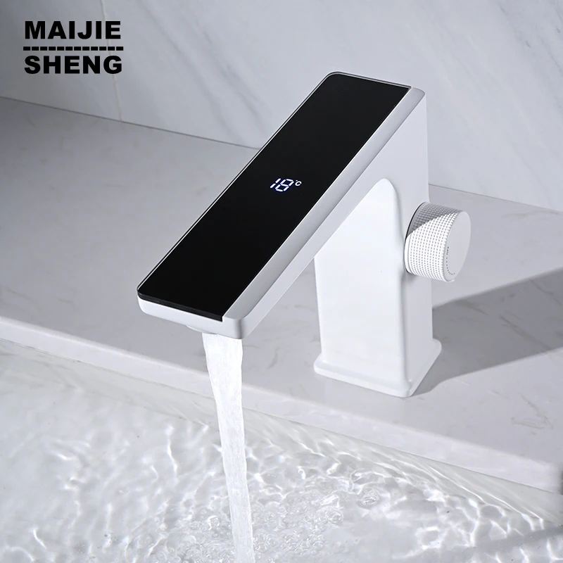 

LED Faucet All Copper and White Wash Basin Faucet Hydroelectric Intelligent Digital Display Basin Faucet Hot and Cold Bathroom