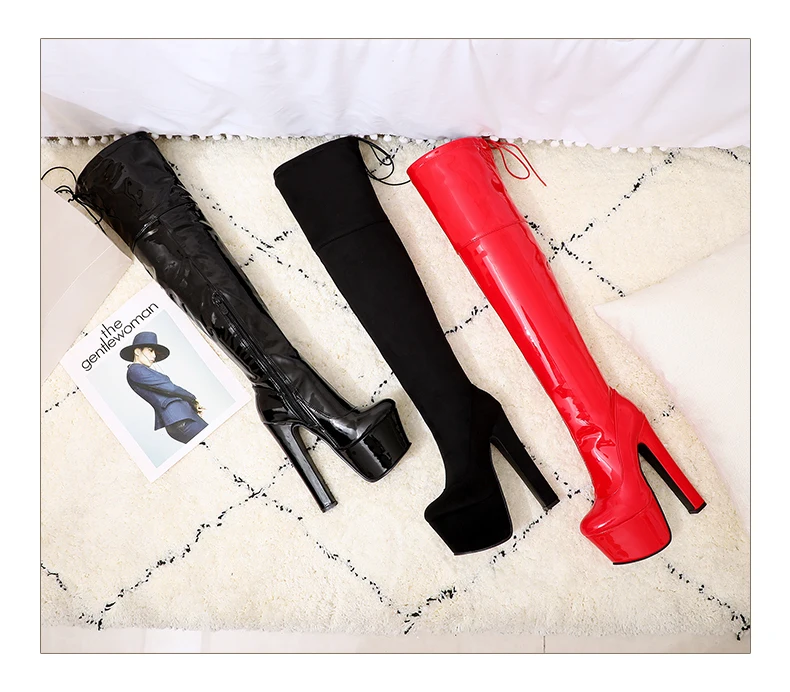Oversized Ultra-High Thick-Heeled Patent Leather Women's Over-The-Knee Boots Waterproof Platform Flock Long-Tube Elastic Boots