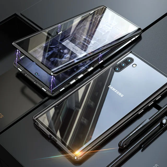 360 двойной Магнитный чехол с полной защитой для samsung A40 A50 A70 S10, чехол из закаленного стекла для Galaxy Note 10 PLUS, чехол - Цвет: Black