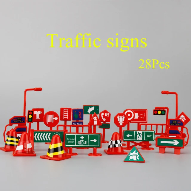 28 Pcs English Version Parking Lot Road Sign Toy DIY Model Mini Playmat Traffic Signs Road Accessories Light Block Car Toy Kids 5