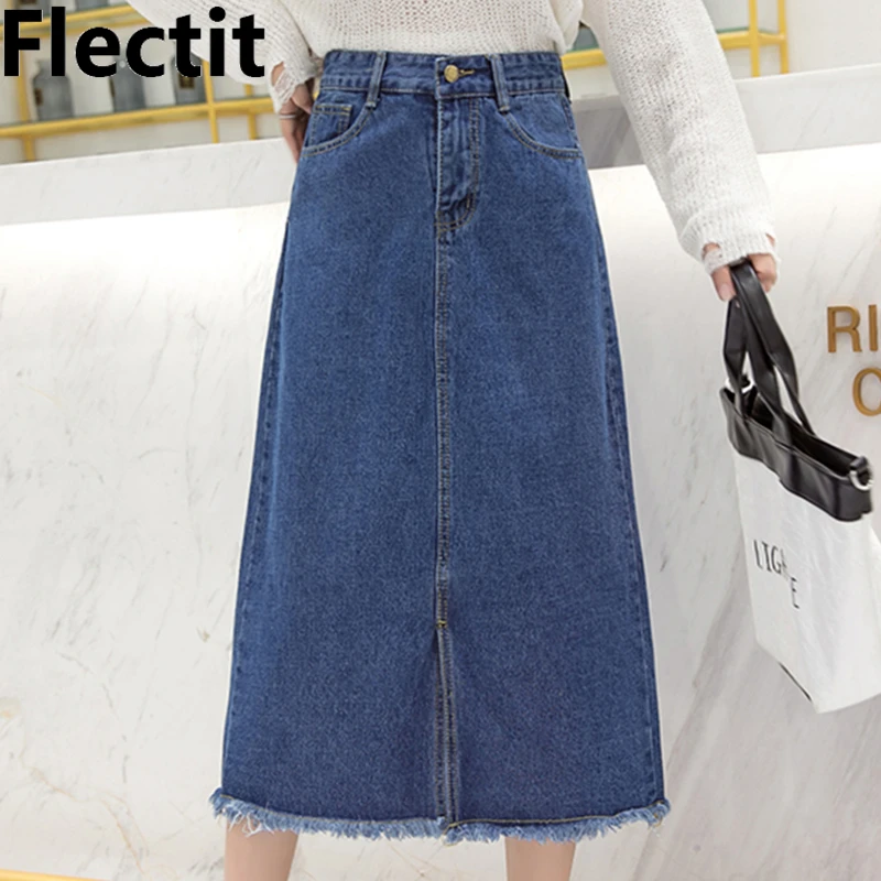 deep Mellow sponge Flectit Womens Midi Denim Skirt High Waist A-line Raw Hem Split Front Jeans  Skirt Plus Size S- 5xl Spring Summer Outfit - Skirts - AliExpress