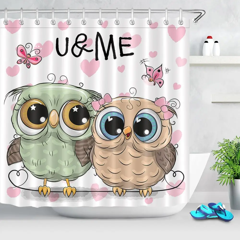Animal Birds Fabric Shower Curtain set Cartoon Owl Bathroom Curtain With Hooks 