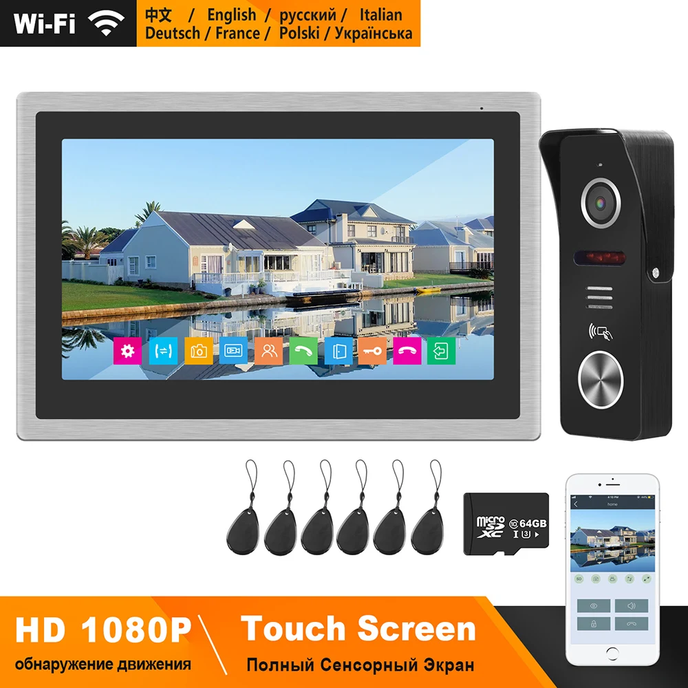 HomeFong Wireless Wifi Smart Video Door Phone Intercom System 10 inch Touch Screen HD 1080P Doorbell Camera Support Swiping Card